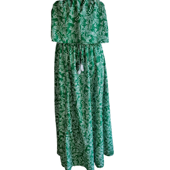 Womens Green Leaf Print Strapless Ruffle Drawstring Long Maxi Dress Size Large - Picture 8 of 9